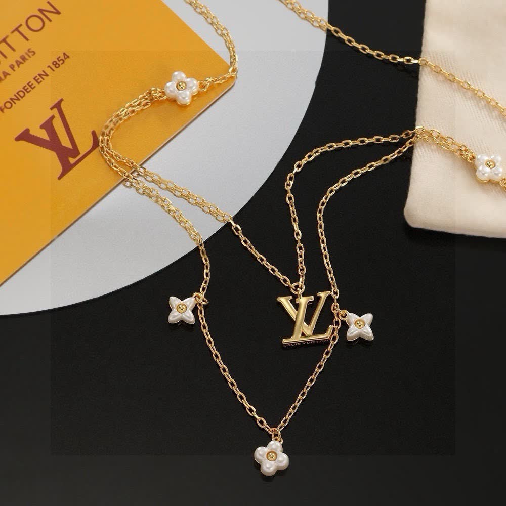 Louis Vuitton Double Layered Gold Chain Necklace with Pearl Charms